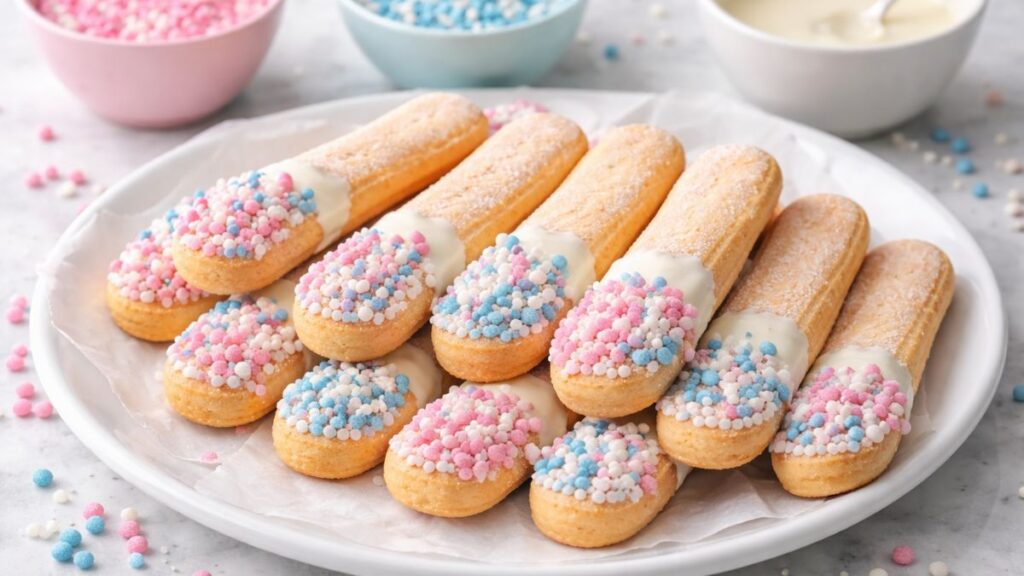Ideeën voor de lekkerste hapjes voor tijdens je babyshower, zoals lange vingers met gesmolten chocolade en muisjes.
