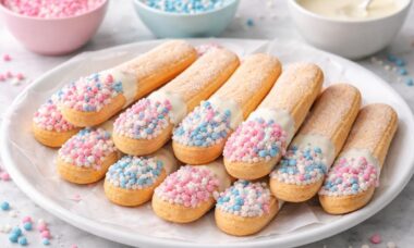 Ideeën voor de lekkerste hapjes voor tijdens je babyshower, zoals lange vingers met gesmolten chocolade en muisjes.