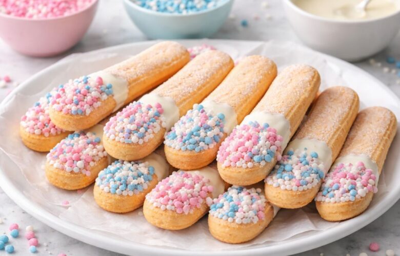 Ideeën voor de lekkerste hapjes voor tijdens je babyshower, zoals lange vingers met gesmolten chocolade en muisjes.