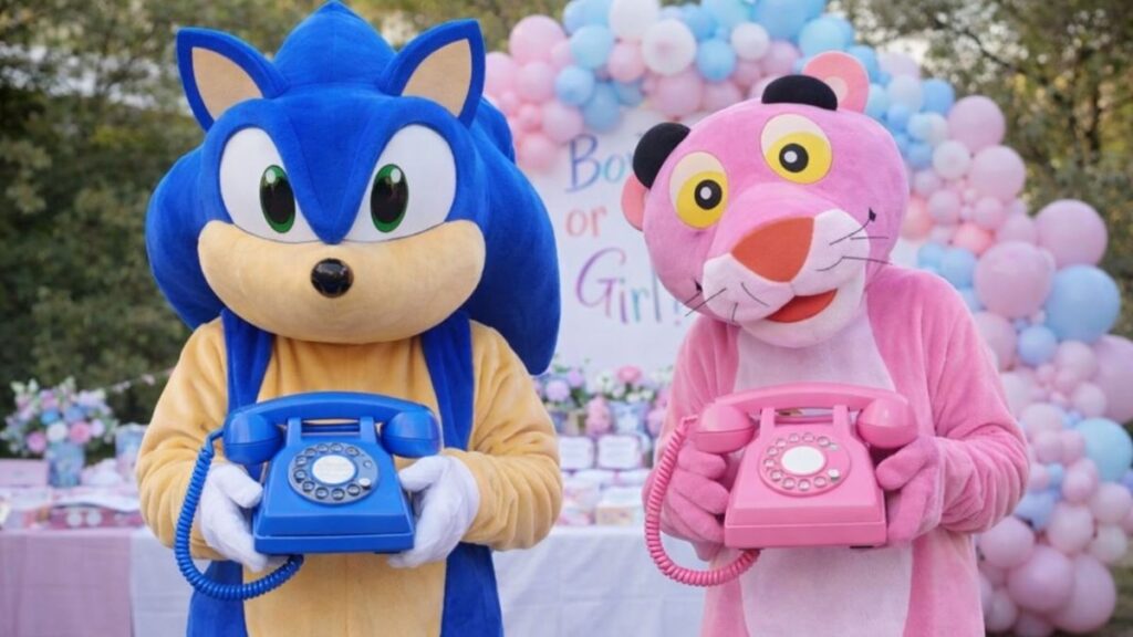 Actiefiguren Sonic en Pink Panther bij een gender reveal party.