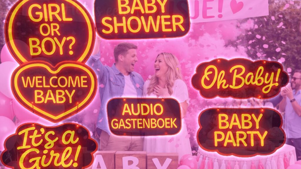 Duidelijke tekst op een neon display bij een babayshower of gender reveal party.